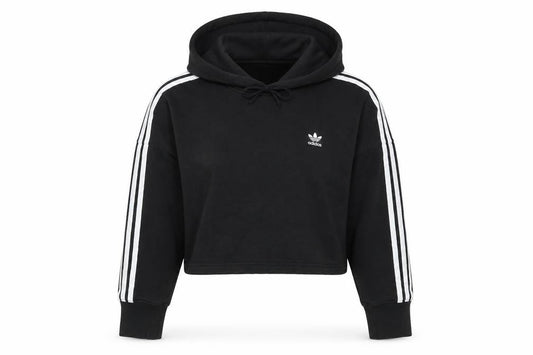 Adidas Womens Black Cropped Hoodie Size 8 Cotton 3-Stripes Logo