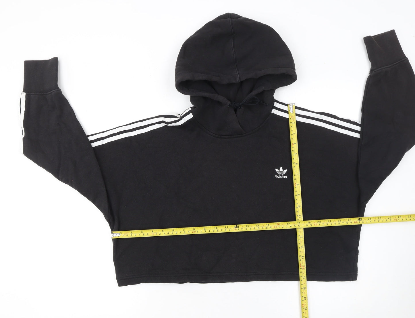 Adidas Womens Black Cropped Hoodie Size 8 Cotton 3-Stripes Logo