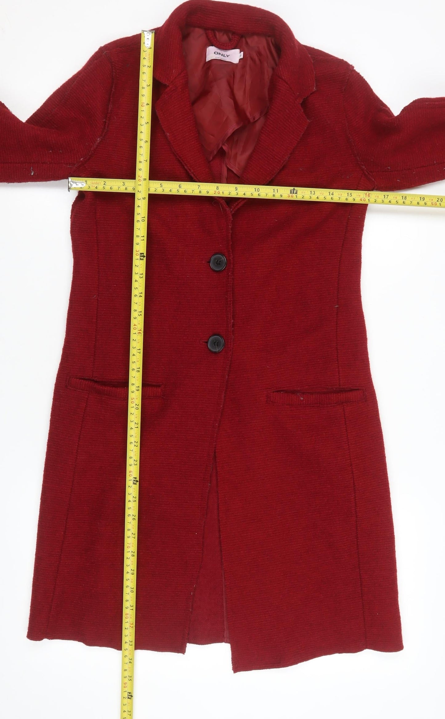 ONLY Womens Red Wool Blend Long Overcoat Size S