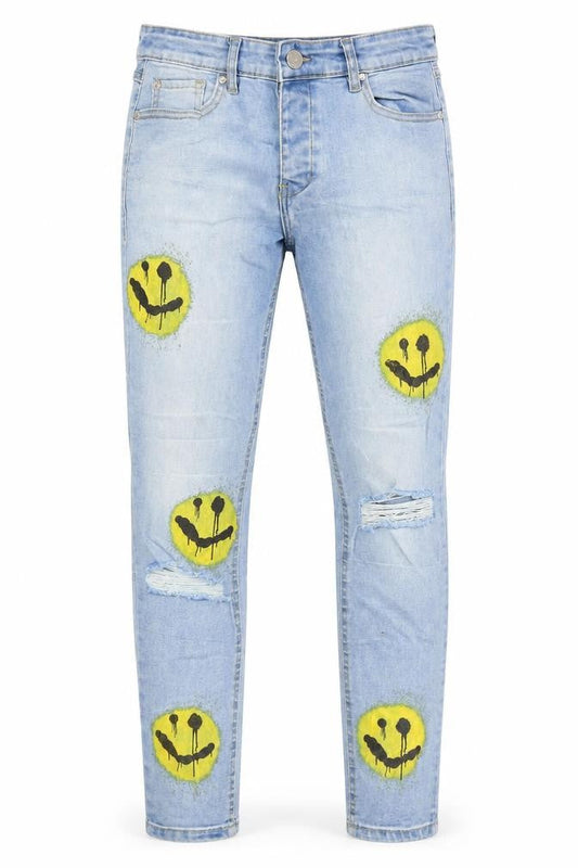 boohooMAN Men’s Blue Distressed Skinny Jeans 30W 32L Light Wash Art Print