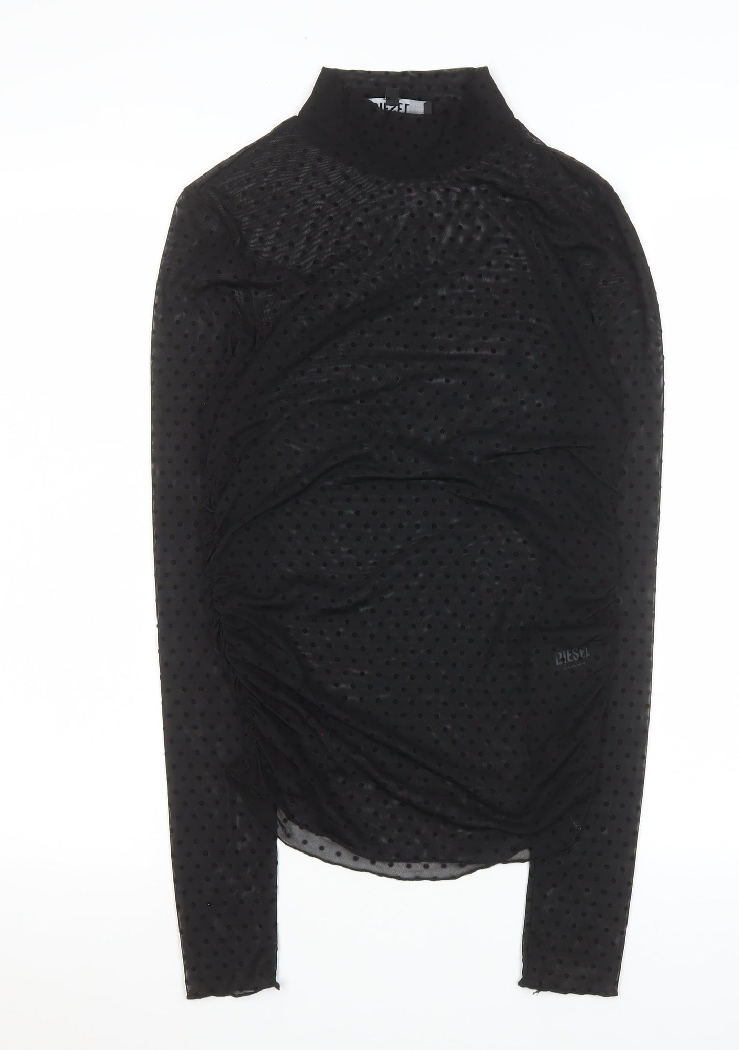 Diesel Womens Black Mock Neck Sheer Ruched Mesh Polka Dot Blouse Size M