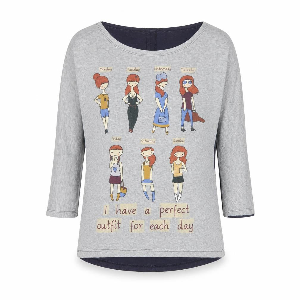 Pull&Bear Women Grey Graphic 3/4 Sleeve Boat Neck T-Shirt S