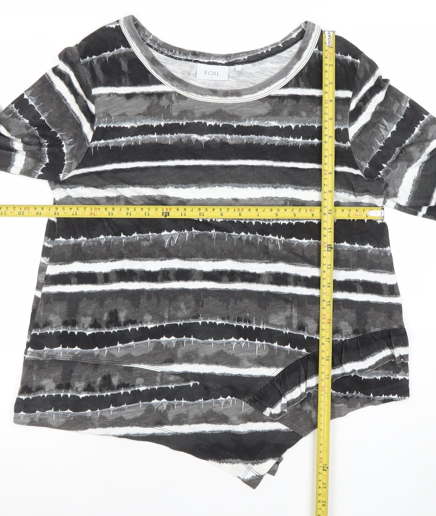 FOIL Women’s Grey Striped Asymmetric Hem 3/4 Sleeve Jersey Top Size S