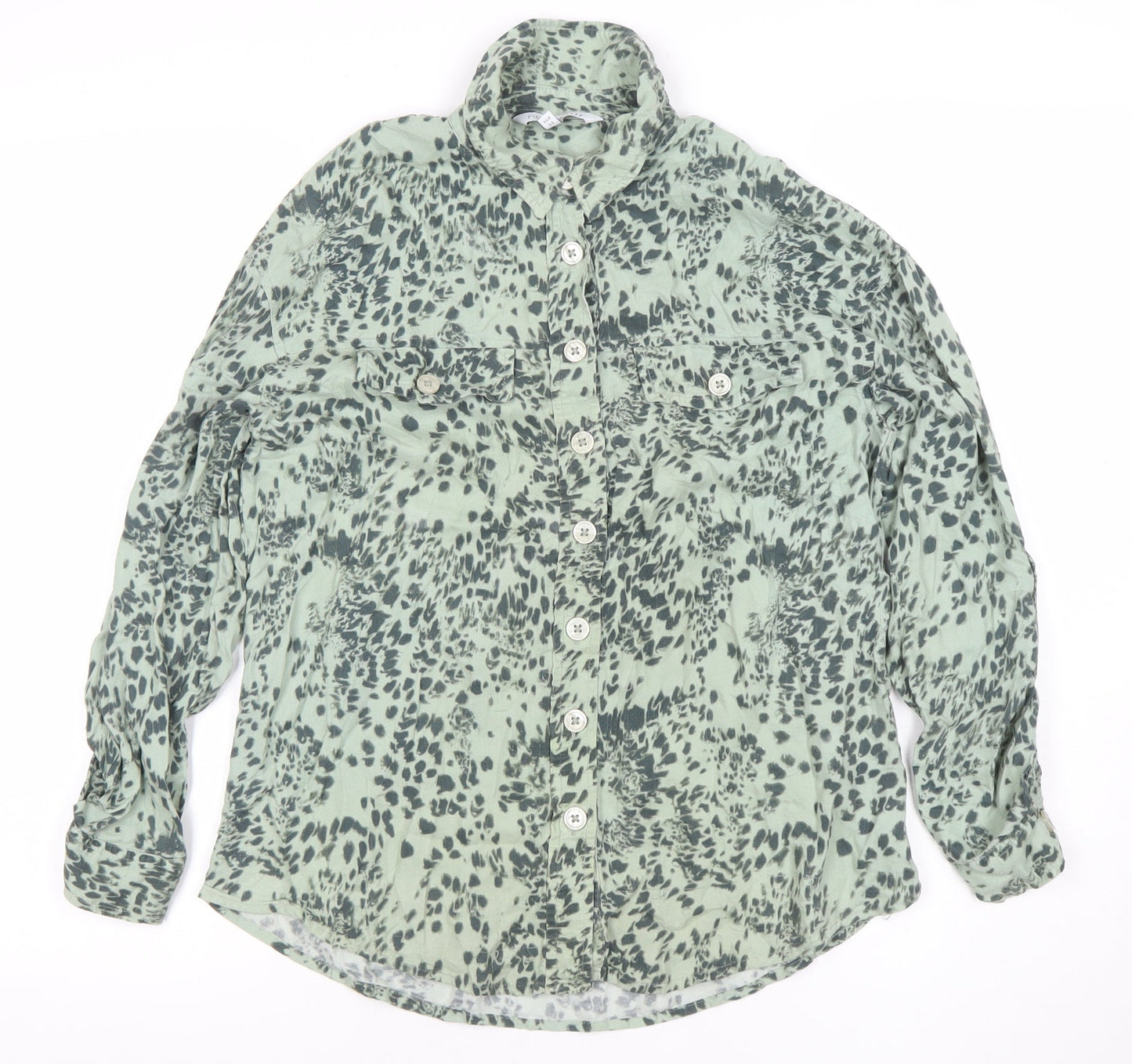 Next Women's Green Animal Print Button-Up Long Sleeve Shirt Size 6