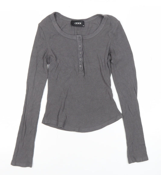 Cider Womens Grey Long Sleeve Slim Fit Button T-Shirt XS