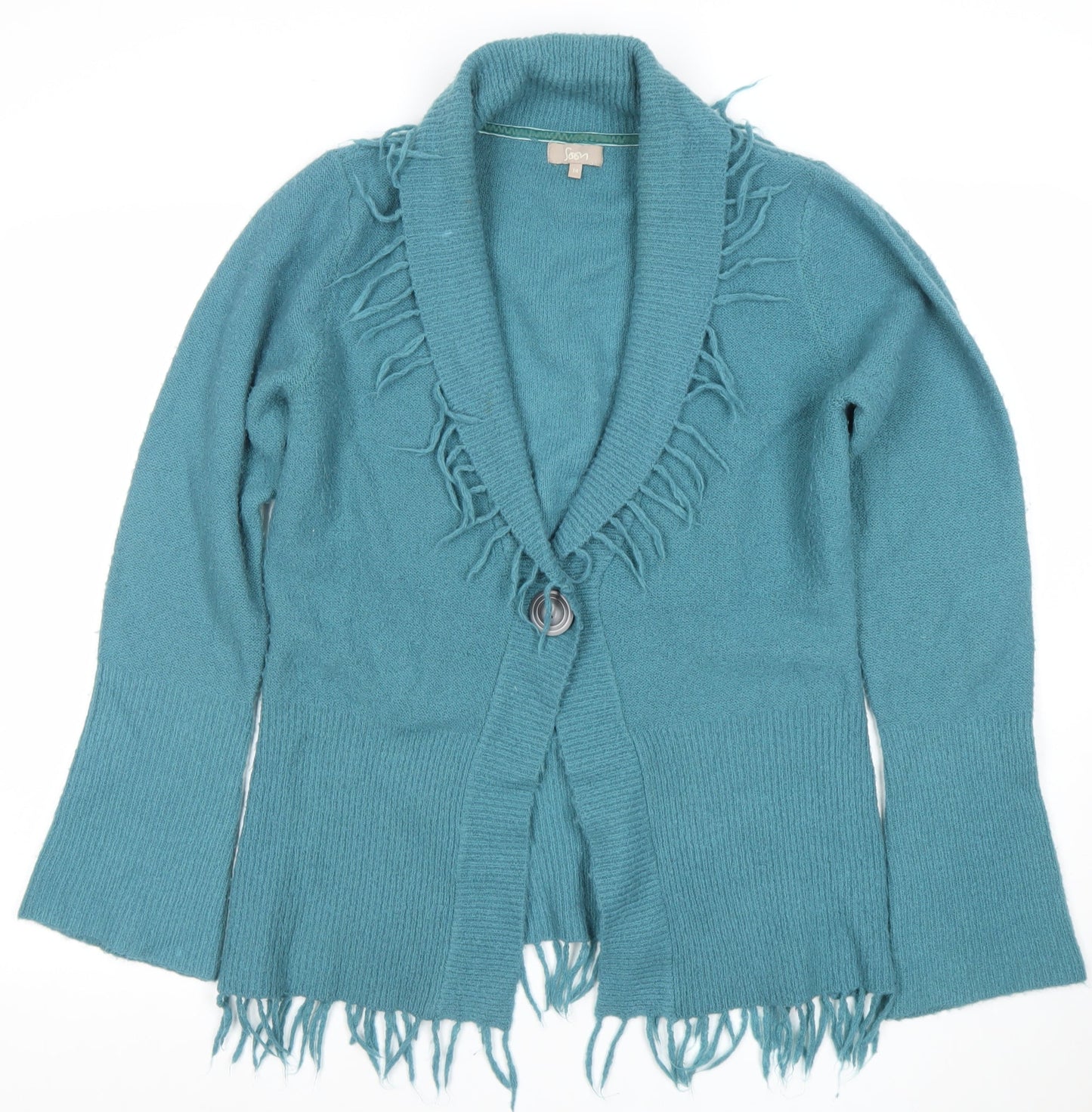 Soan Women's Blue Size 14 Fringe Knit Cardigan Jumper