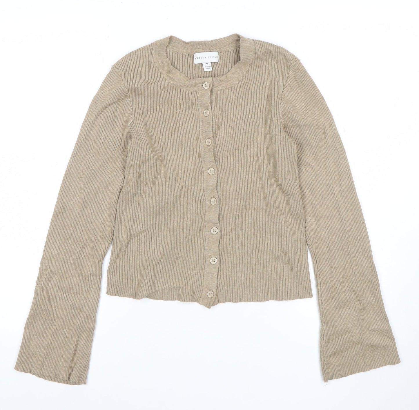 Pretty Lavish Women Beige Long Sleeve Knit Button Cardigan M