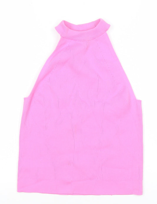 River Island Women’s Pink High Neck Ribbed Halter Tank Top Size 16