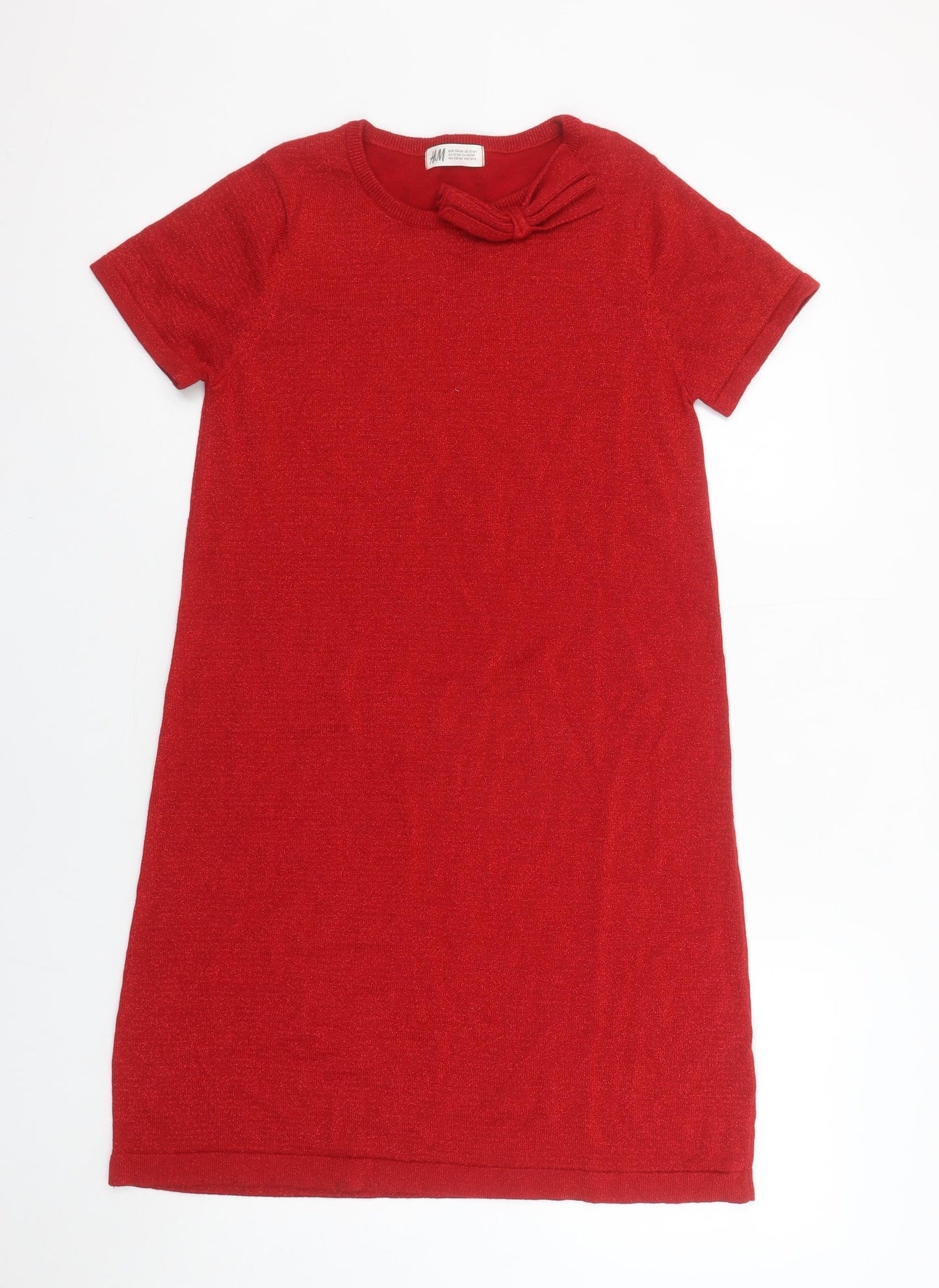 H&M Girls Red Bow Knit Shift Dress 13-14 Years Short Sleeve