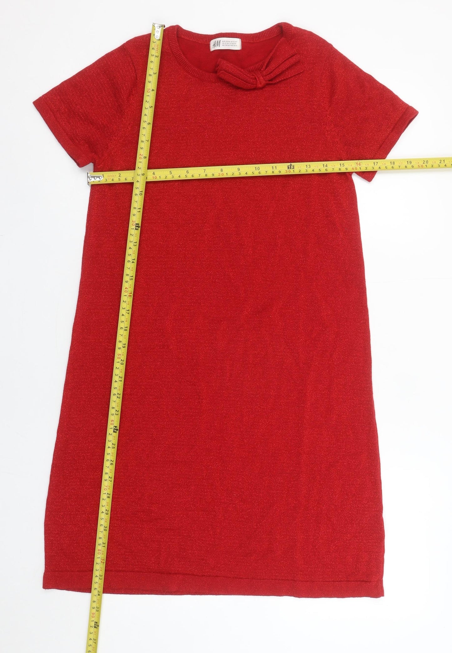 H&M Girls Red Bow Knit Shift Dress 13-14 Years Short Sleeve