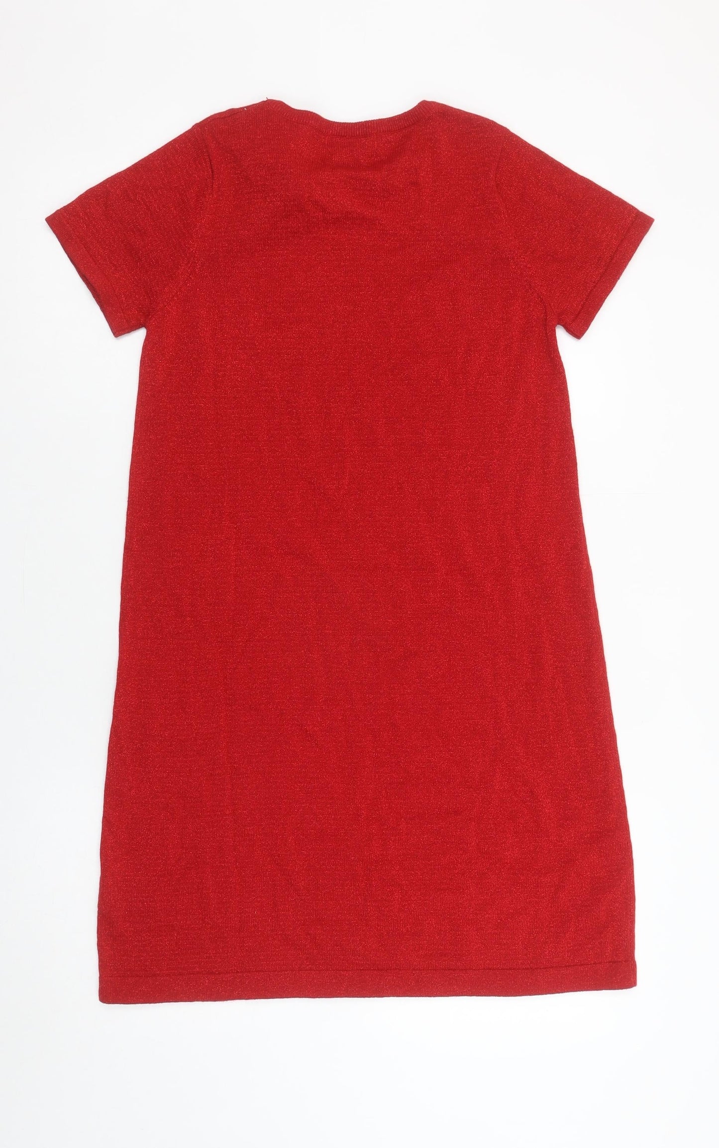 H&M Girls Red Bow Knit Shift Dress 13-14 Years Short Sleeve