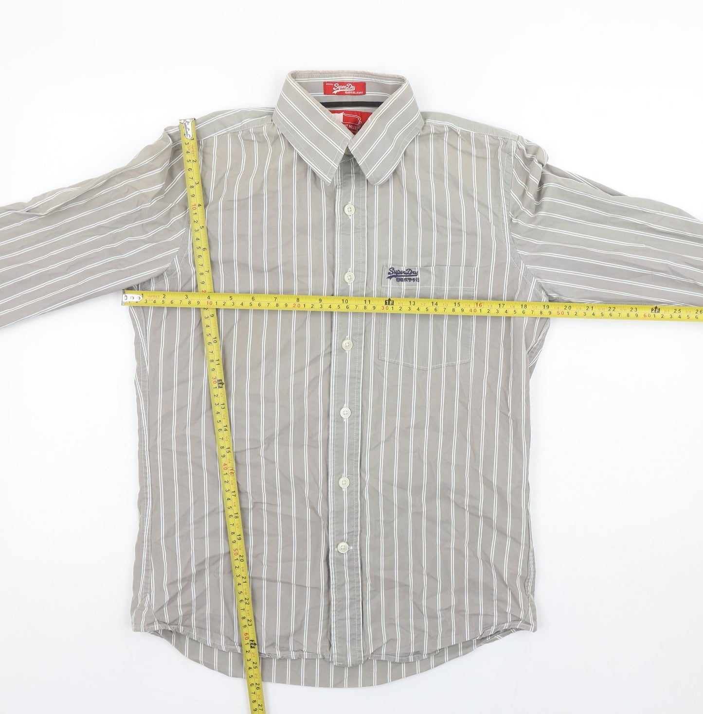 Superdry Men's Grey Striped Button-Up Shirt Medium Cotton Long Sleeve