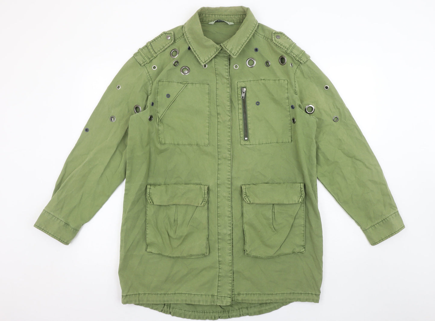 Zara Women Green XS Military Style Studded Cotton Jacket