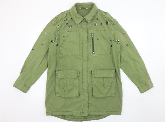 Zara Women Green XS Military Style Studded Cotton Jacket