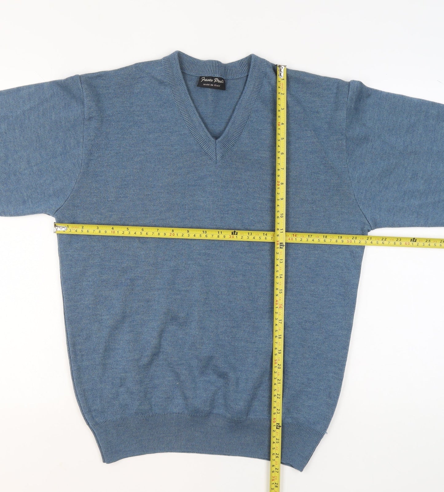 Franco Ponti Mens Blue Wool V-Neck Jumper Size L Classic Knit