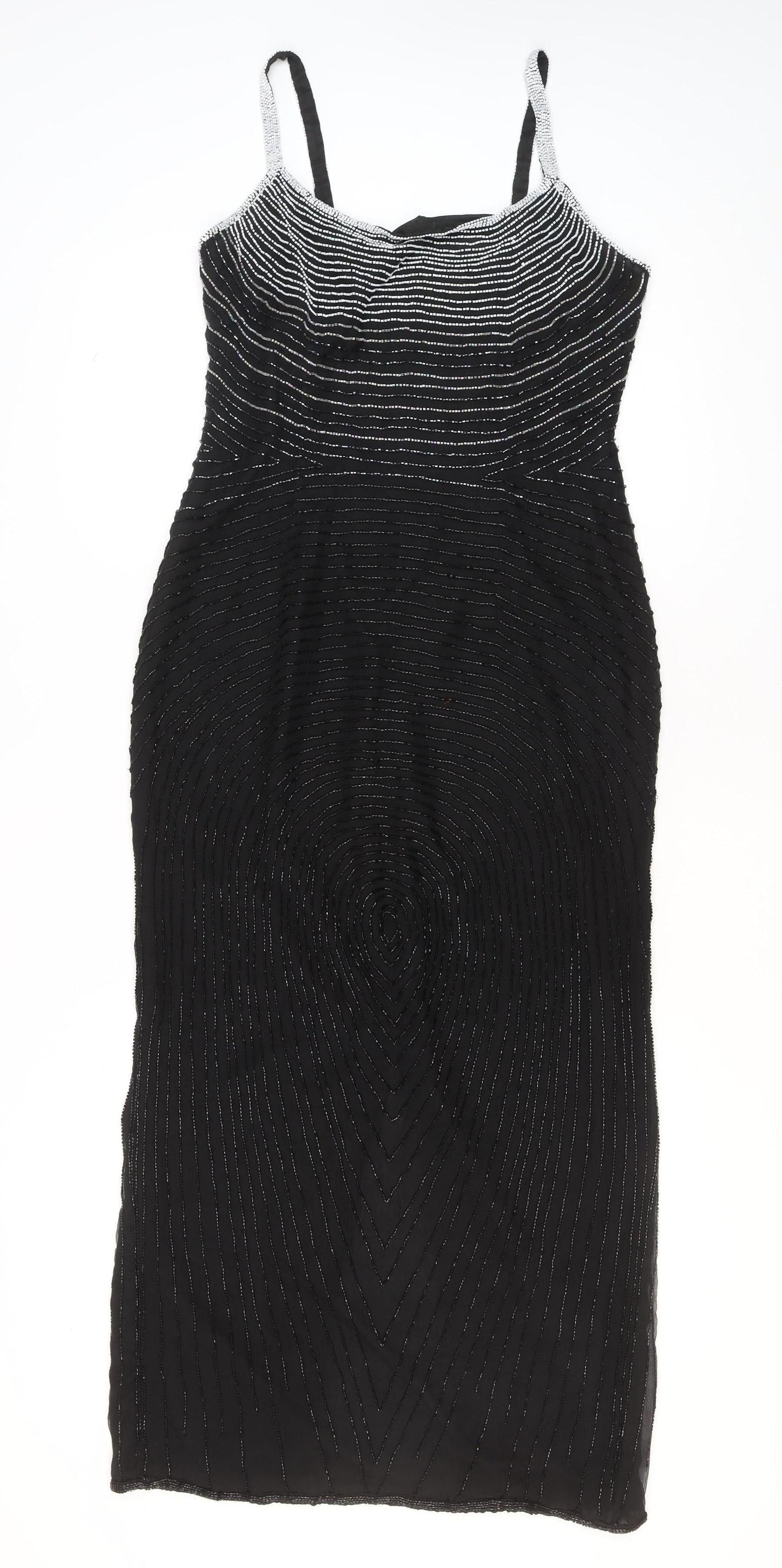 Roots Womens Black Beaded Bodycon Midi Dress Size 10 Elegant Cocktail