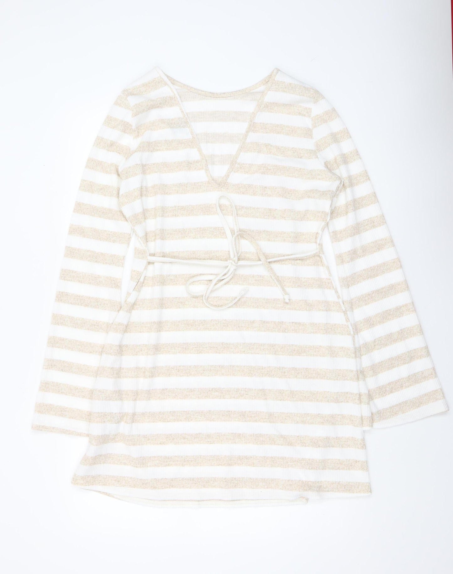 Boohoo Women’s Beige Striped V-Neck Belted Knit Wrap Dress Size 16