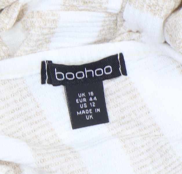 Boohoo Women’s Beige Striped V-Neck Belted Knit Wrap Dress Size 16