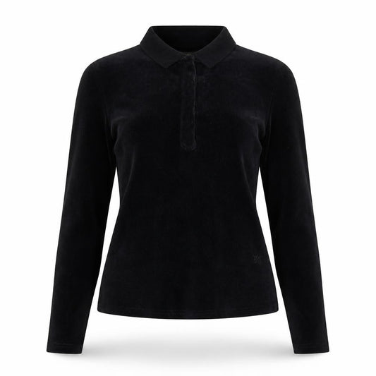 Front view of Juicy Couture Women’s Black Velour Long Sleeve Polo Top, size S