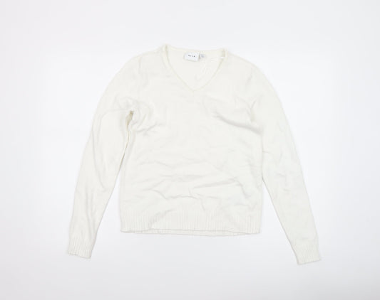 VILA Womens Ivory V-Neck Knit Jumper Size 2XS