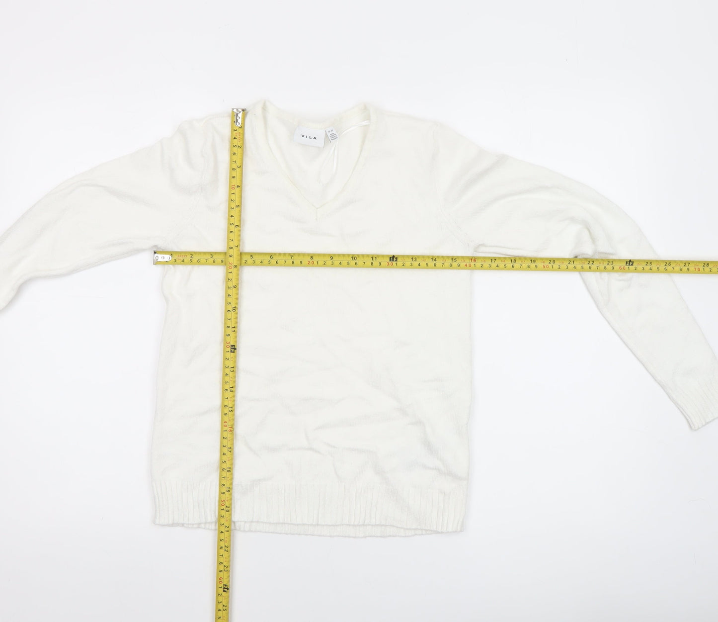 VILA Womens Ivory V-Neck Knit Jumper Size 2XS