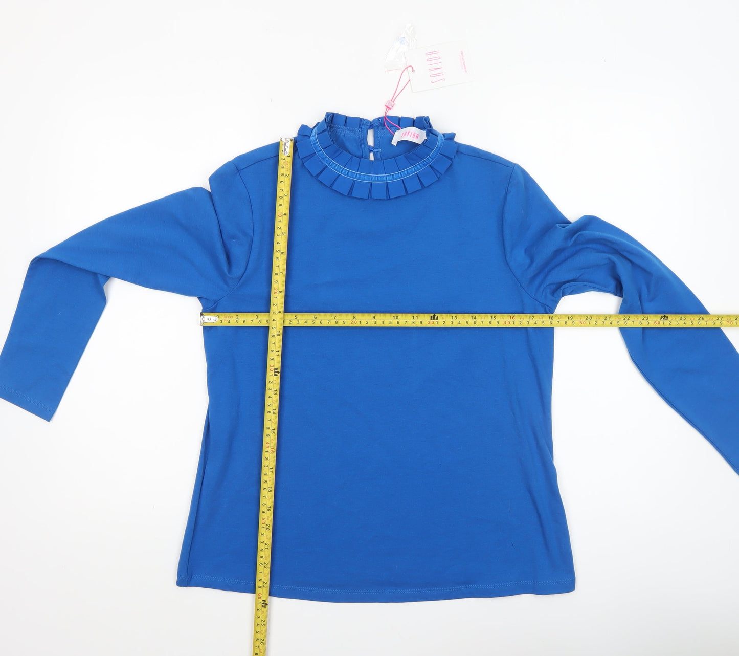 Savida Women's Blue Ruffle High Neck Long Sleeve Blouse Size 12