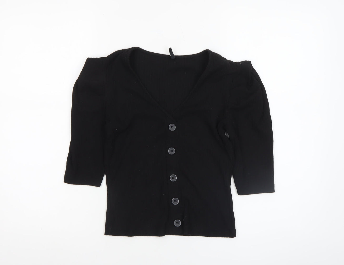 ONLY Womens Black XS V-Neck Button-Up Puff Sleeve Top