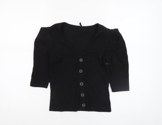 ONLY Womens Black XS V-Neck Button-Up Puff Sleeve Top