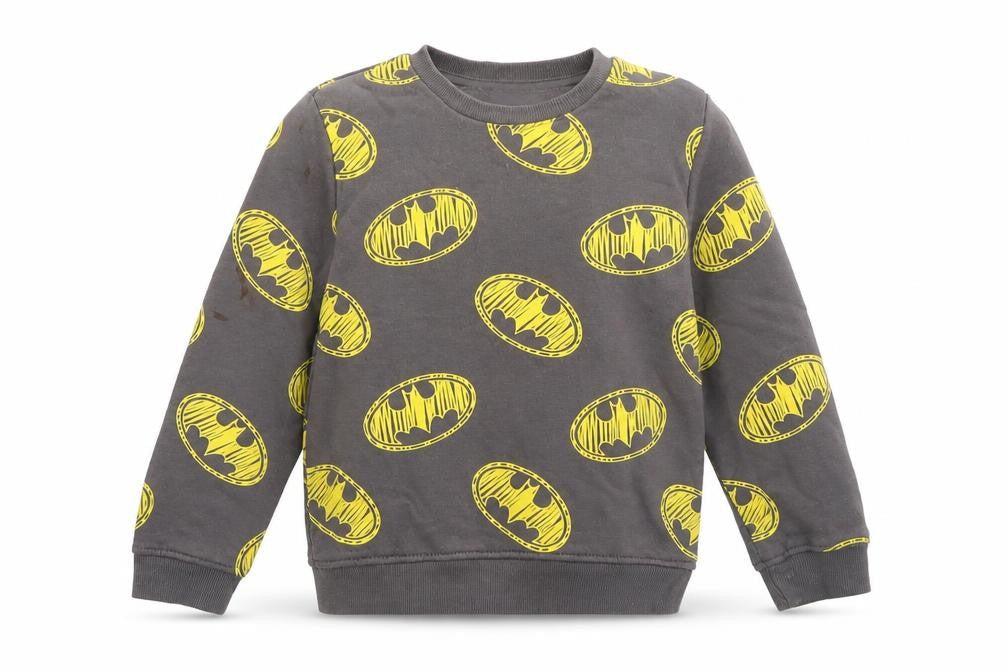 Batman Boys Grey Pullover Sweatshirt 6-7 Years Graphic Logo Crew Neck