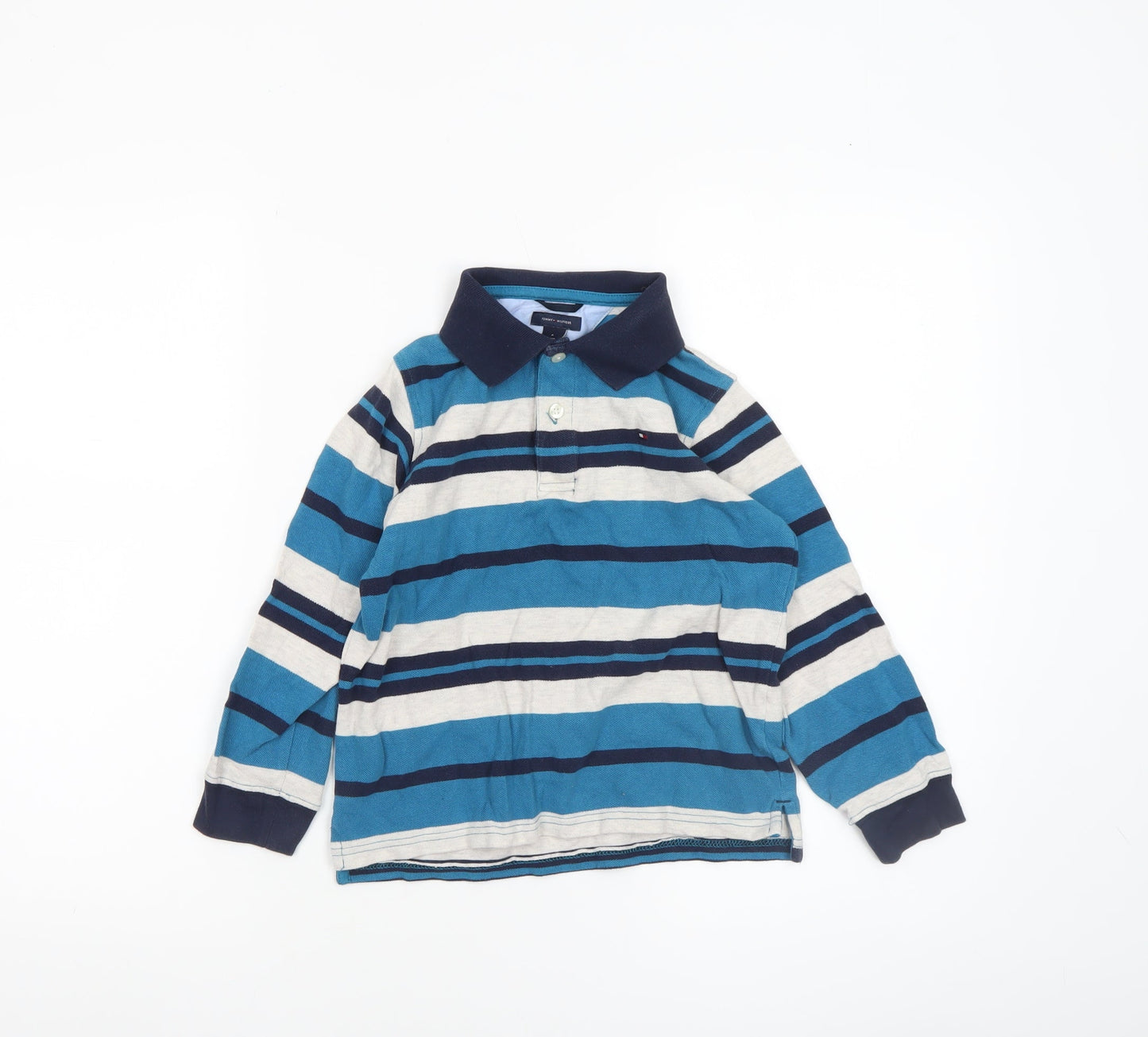 Tommy Hilfiger Boys Blue Striped Long Sleeve Polo Shirt Size 6 Cotton