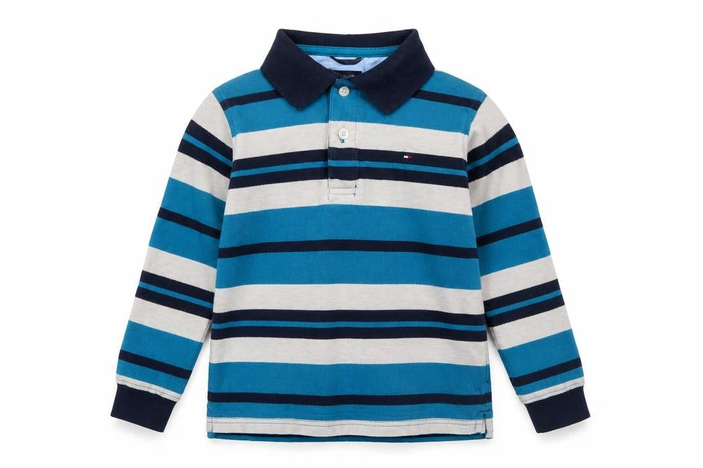 Tommy Hilfiger Boys Blue Striped Long Sleeve Polo Shirt Size 6 Cotton