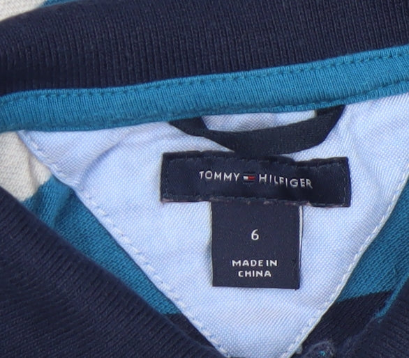 Tommy Hilfiger Boys Blue Striped Long Sleeve Polo Shirt Size 6 Cotton