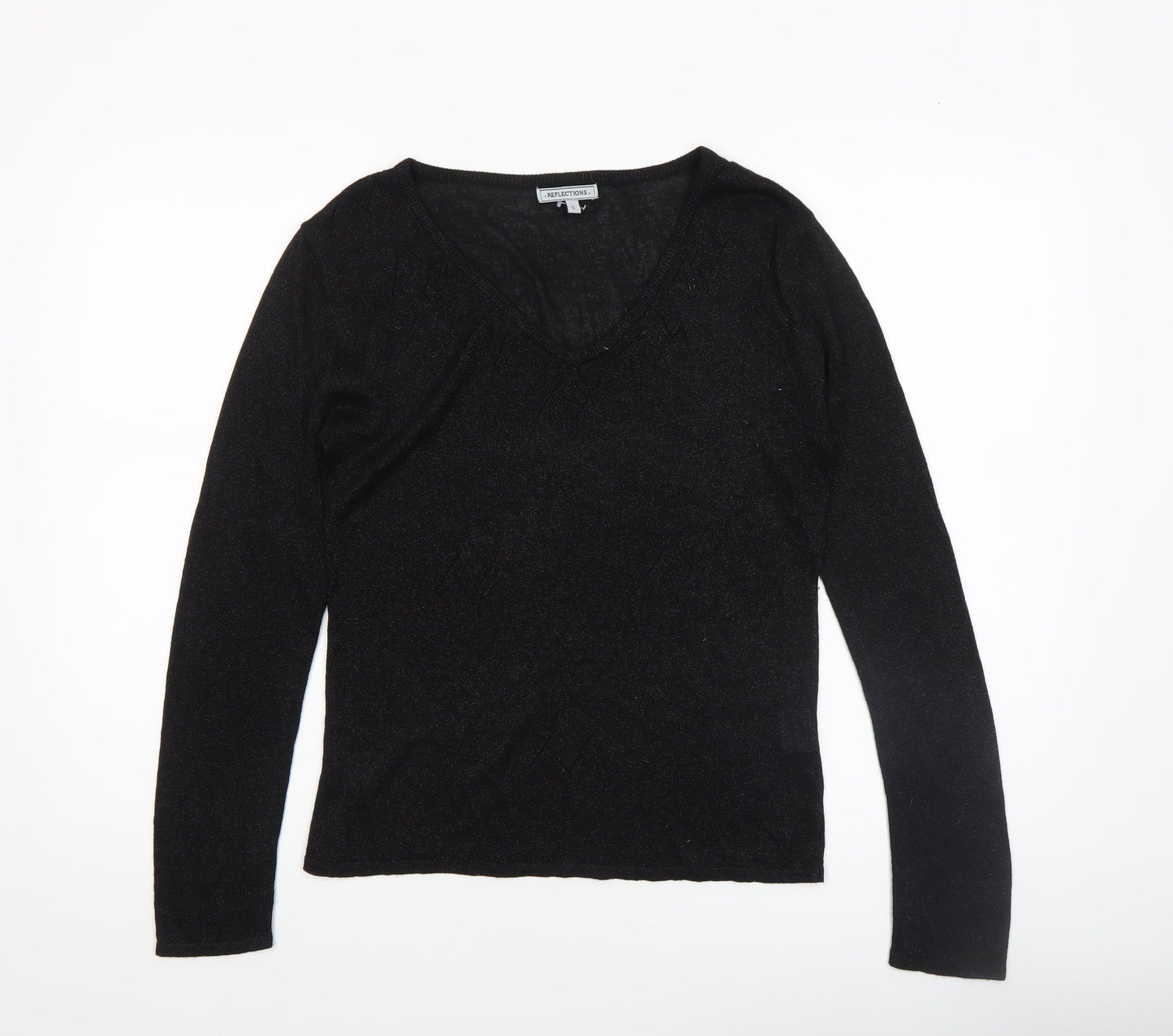 Reflections Womens Black V-Neck Long Sleeve Pullover Jumper Size S