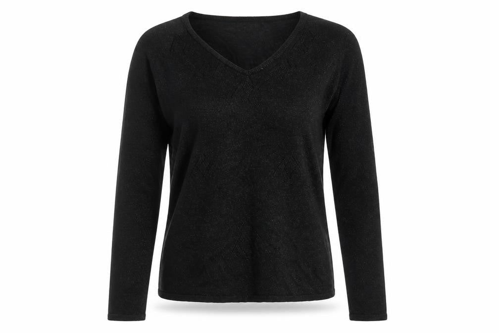Reflections Womens Black V-Neck Long Sleeve Pullover Jumper Size S