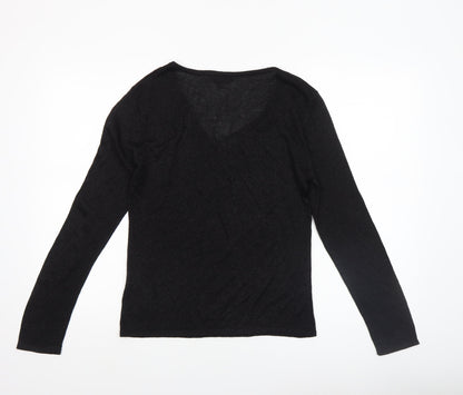 Reflections Womens Black V-Neck Long Sleeve Pullover Jumper Size S