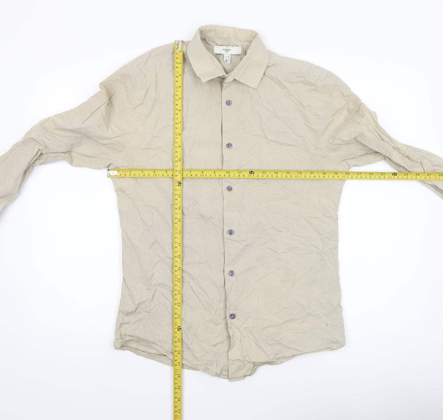 River Island Men’s Beige Cotton Long Sleeve Button-Up Shirt M