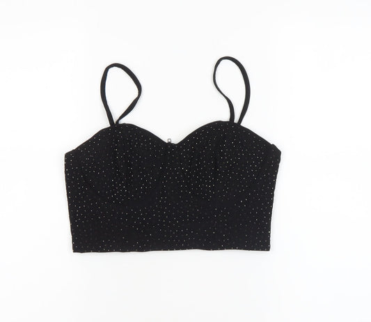 Pink Vanilla Women’s Black Rhinestone Cropped Spaghetti Strap Top UK 12