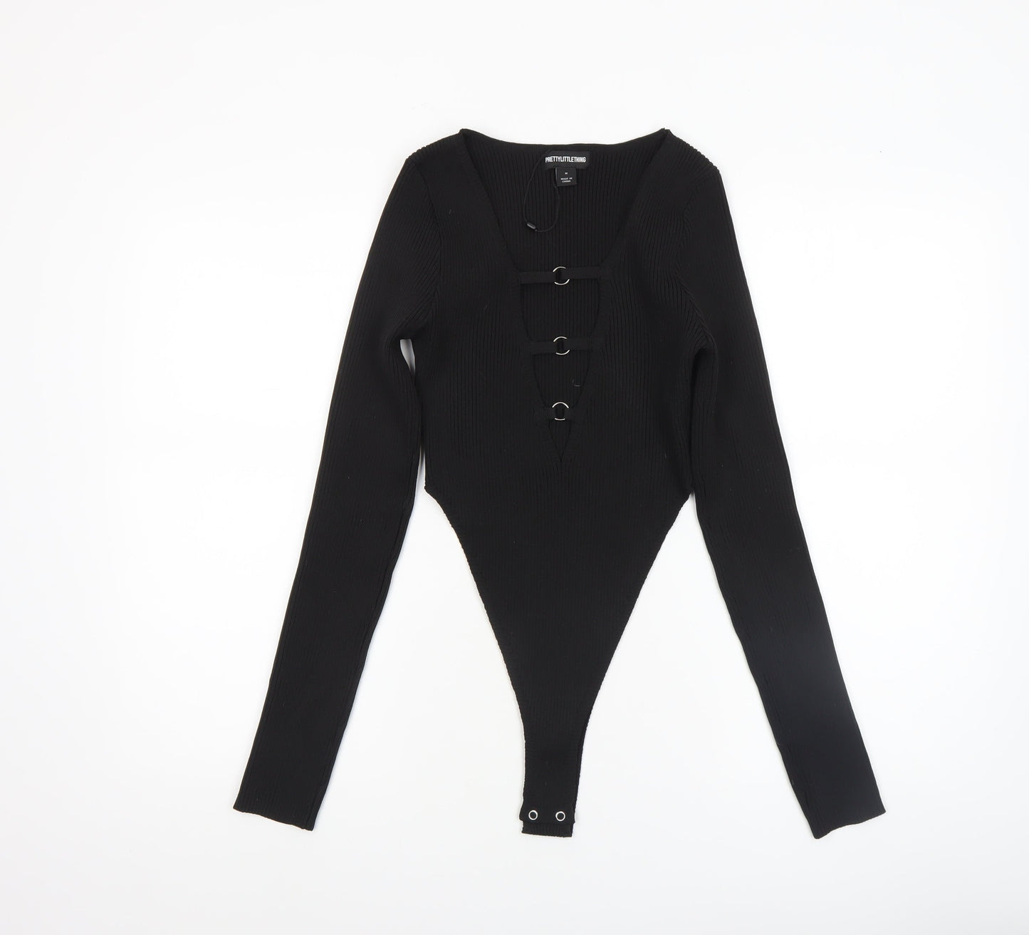 PrettyLittleThing Women’s Black Ribbed Long Sleeve Bodysuit Size M