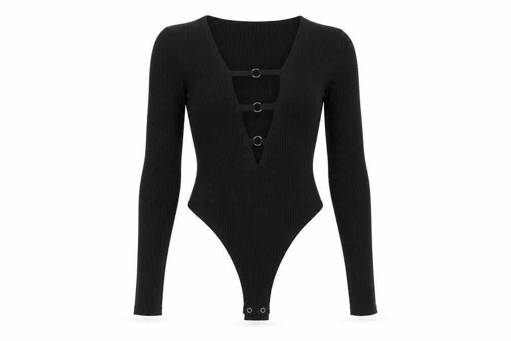 PRETTYLITTLETHING Women’s Black Ribbed Long Sleeve Bodysuit Size M