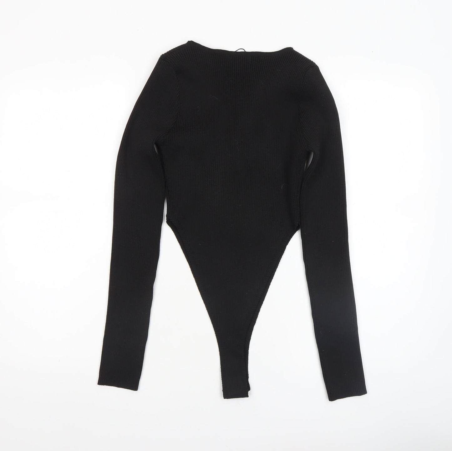 PrettyLittleThing Women’s Black Ribbed Long Sleeve Bodysuit Size M