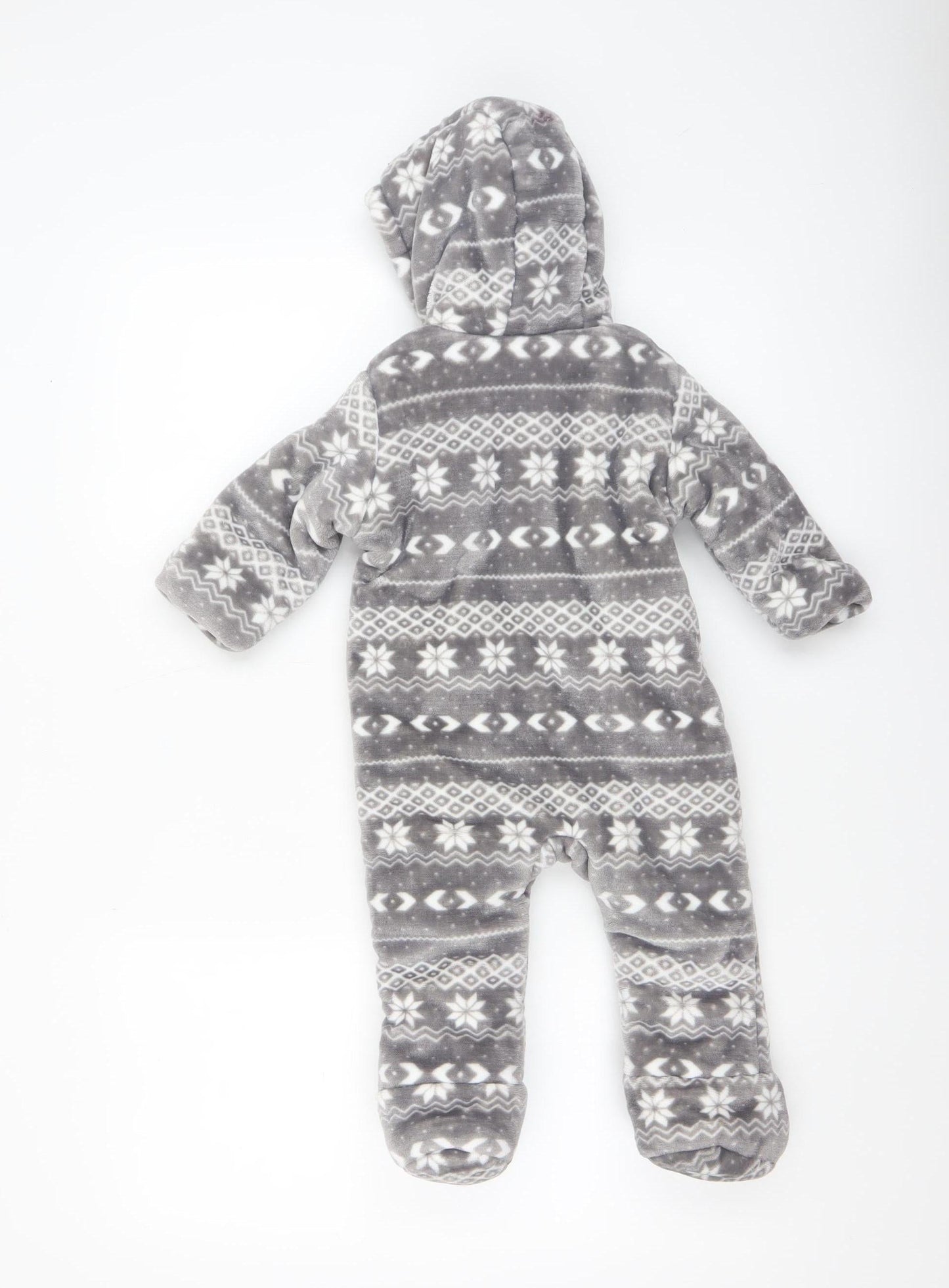 F&F Baby Unisex Grey Fair Isle Fleece Hooded Babygrow 6-9 Months Winter Warm Zip