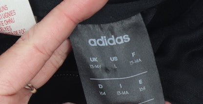 Brand and care label for Adidas boys’ grey & black track jacket, size 13-14y full zip activewear