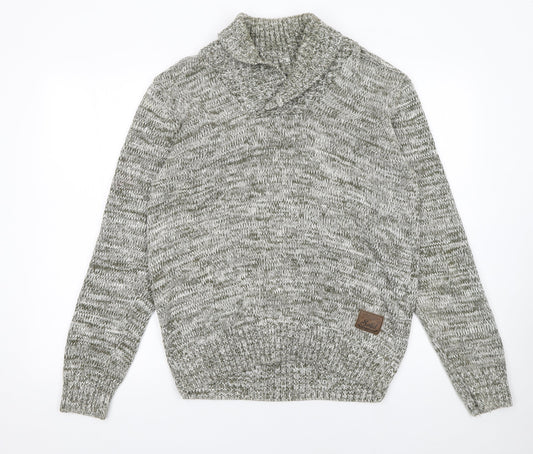 Solid Mens Grey Roll Neck Cotton Knit Jumper Size L