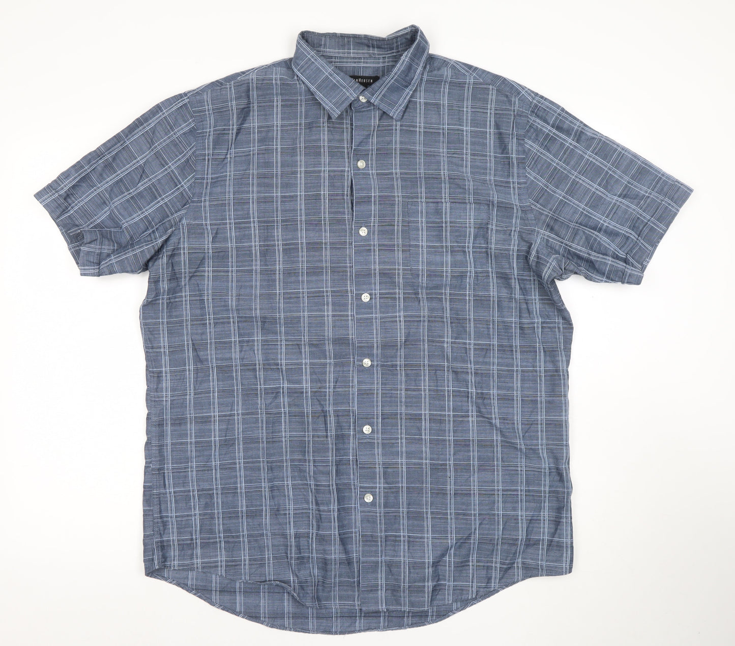 Van Heusen Men's Blue Check Short Sleeve Button-Up Shirt L 16-16.5
