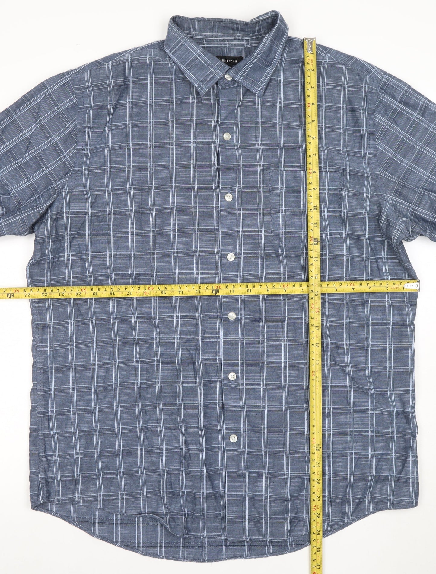 Van Heusen Men's Blue Check Short Sleeve Button-Up Shirt L 16-16.5
