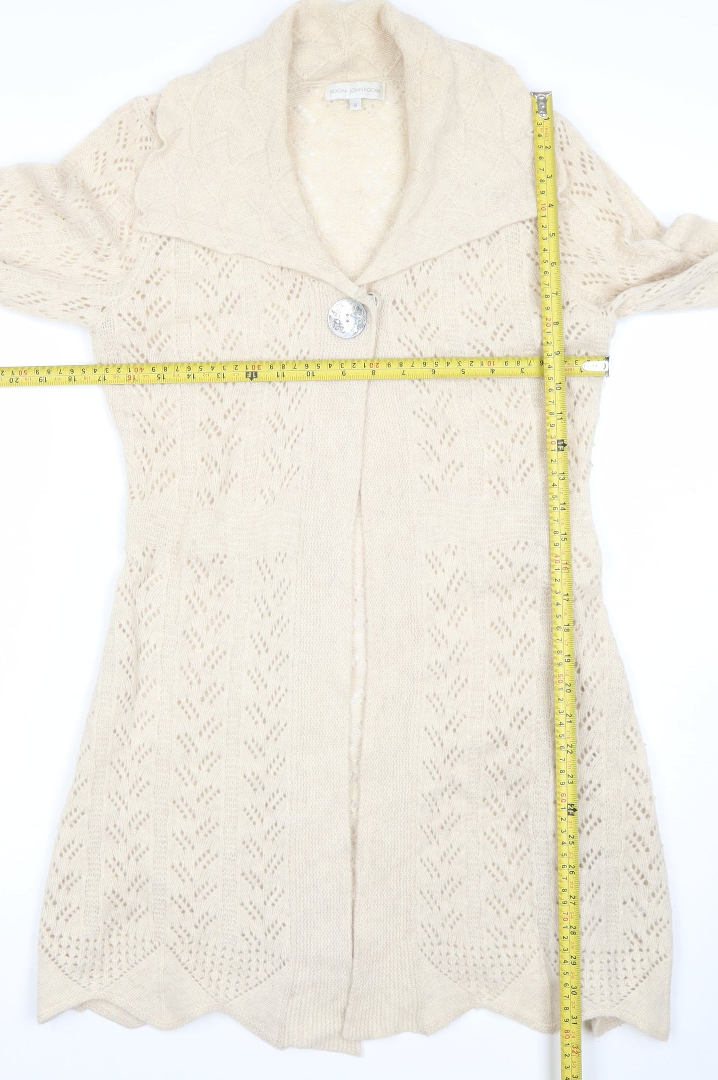 Rocha John Rocha Women Beige Size 12 Knit Long Sleeve Open Collar Cardigan