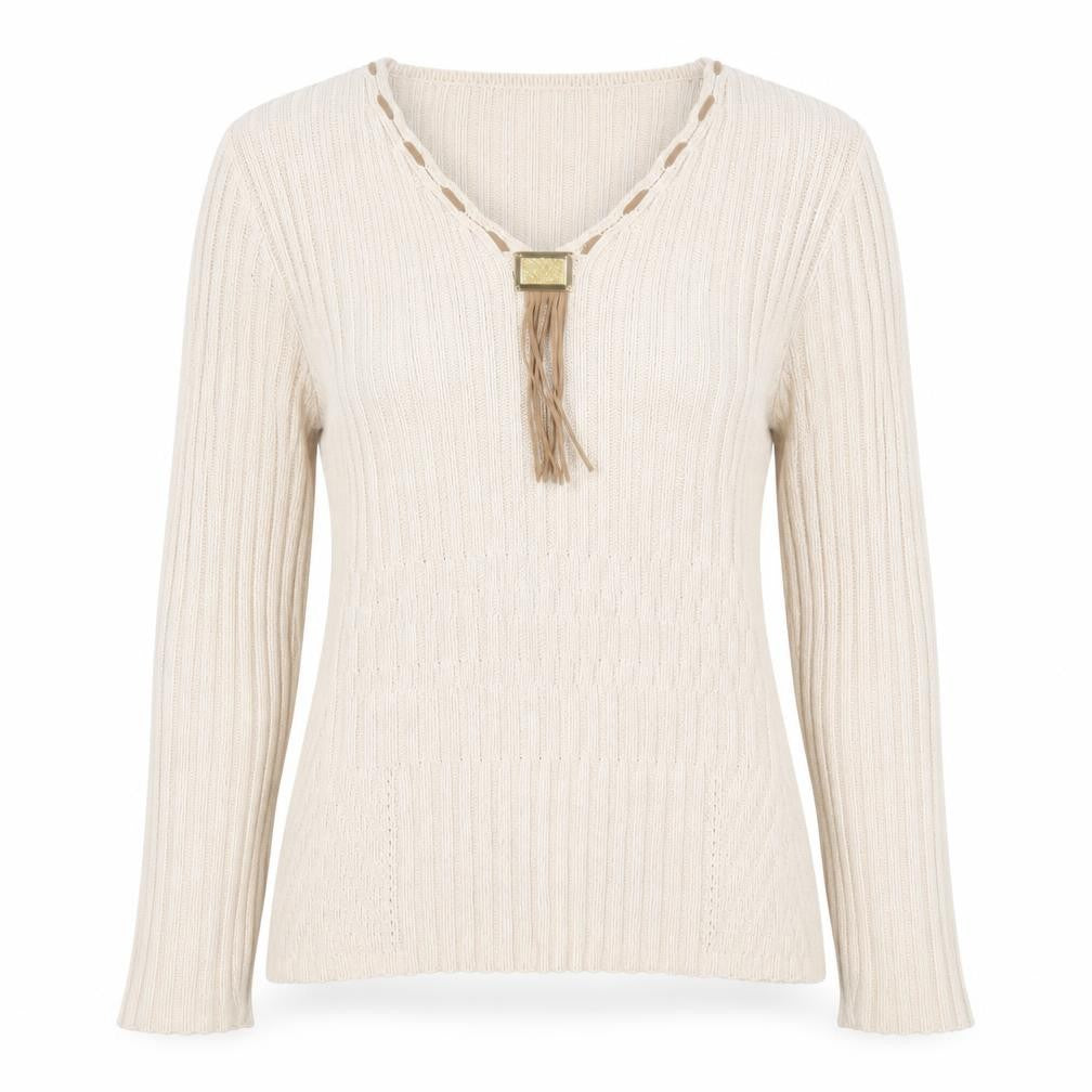 Faber Women’s Beige V-Neck Rib Knit Pullover Jumper Size 10