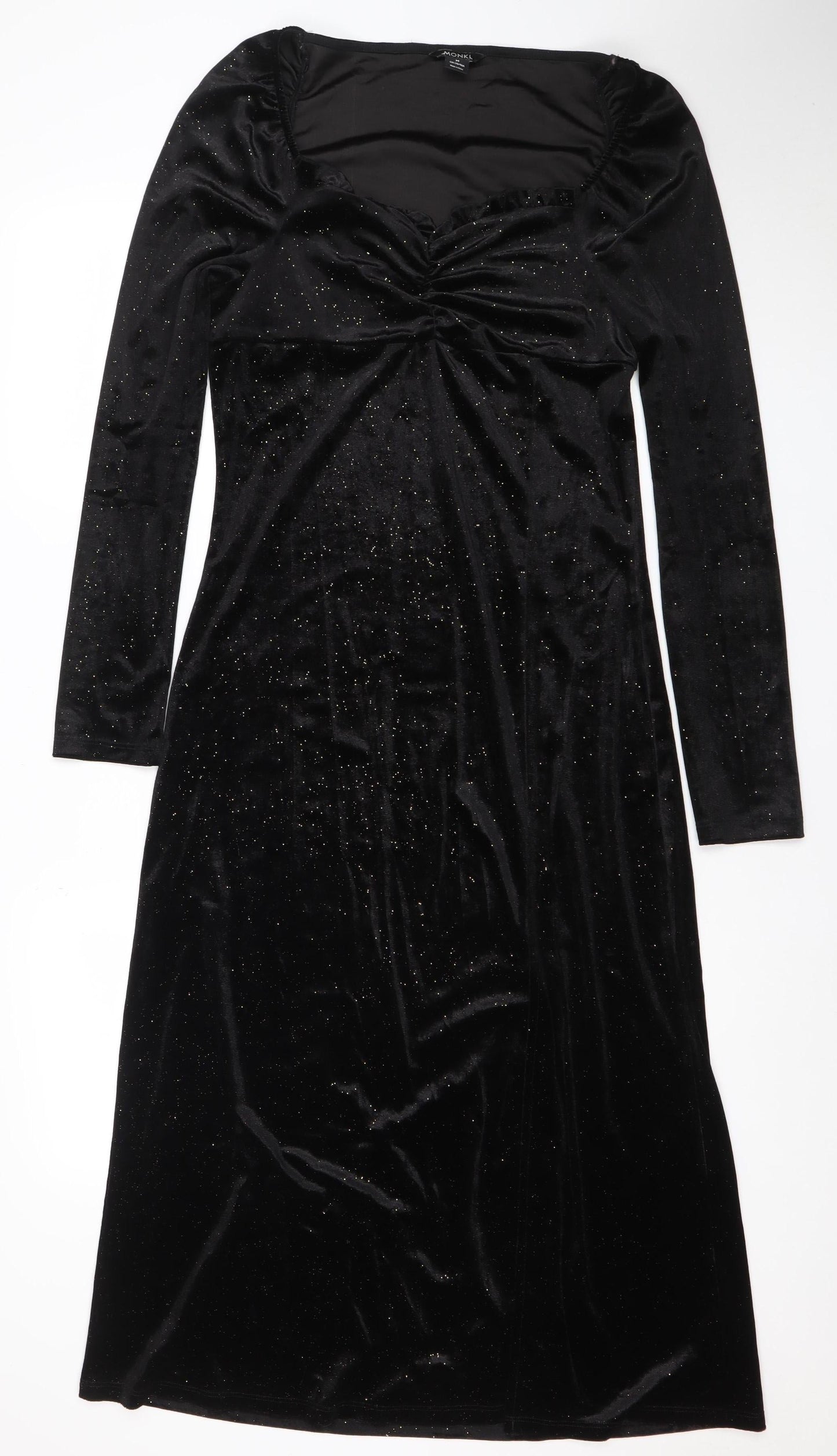 Monki Women Black Size 12 Velvet Bodycon Midi Dress Long Sleeve Party