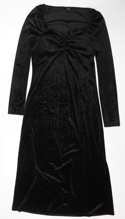 Monki Women Black Size 12 Velvet Bodycon Midi Dress Long Sleeve Party