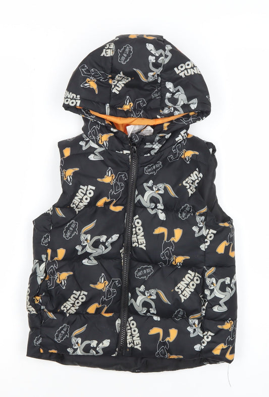 Looney Tunes Boys Black Hooded Puffer Jacket 5 Years Bugs Bunny Daffy Duck